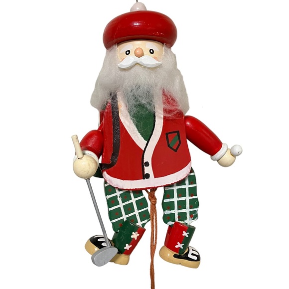 Vintage Wooden Pull String Golfer Santa Kitschy Large Christmas Ornament - Picture 3 of 11